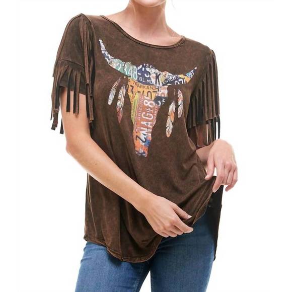 NEW T-PARTY license plate bull graphic fringe shirt in brown - Picture 1 of 3